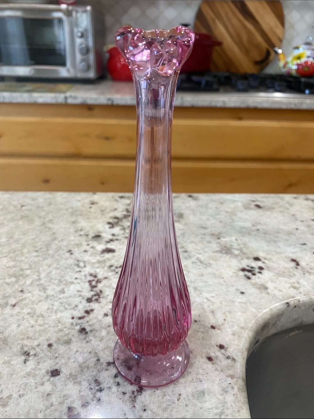 Fenton Pink Ribbed Bud Vase with Ruffled Rim